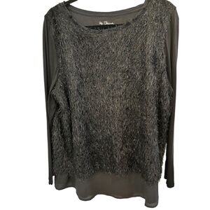 by Chico's Black Eyelash Faux Fur Shimmer Long Sleeve Black Top Chico's Size 3